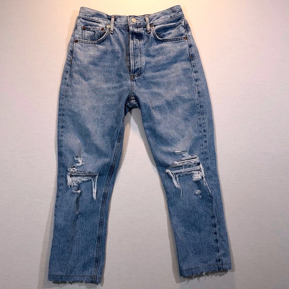 AGOLDE‎ Riley Crop Jeans Womens 28 Light Blue Distressed High Rise Excellent